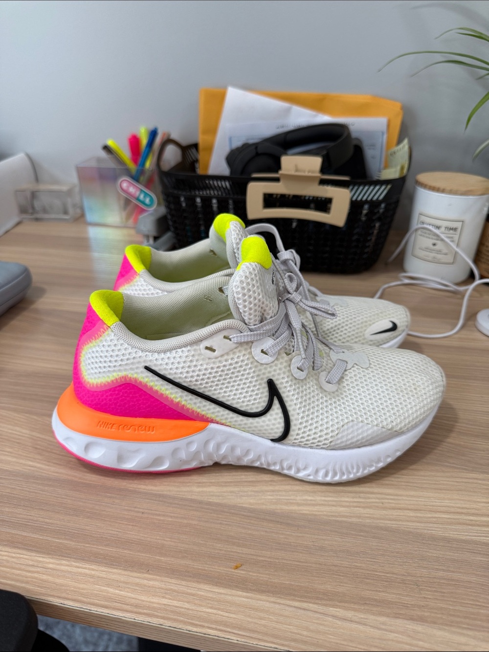 Nike Women’s Size 6 White Mesh Sneakers with Neon Pink & Yellow Accents